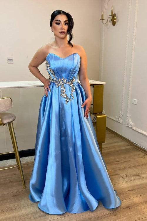 Glamorous Blue Strapless Sweetheart Prom Dress withstone