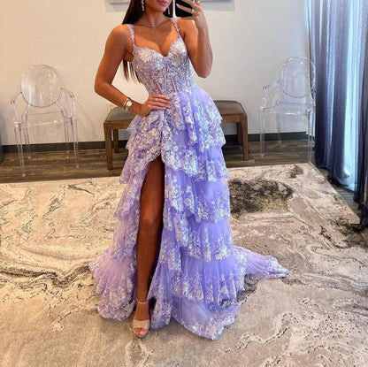 Glamorous Lilactti Strap V-Neck A-Line Prom Dresswith Applique