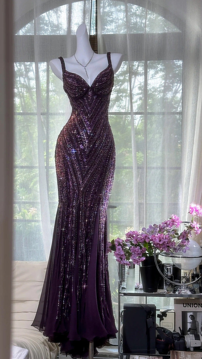 Vintage dark purple mermaid v-neck beaded formal evening gown