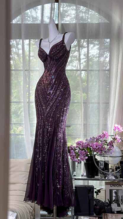 Vintage dark purple mermaid v-neck beaded formal evening gown