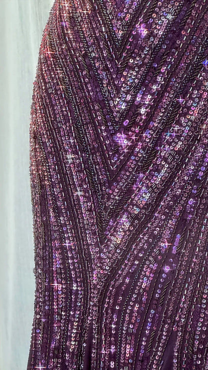 Vintage dark purple mermaid v-neck beaded formal evening gown