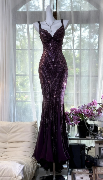 Glamour Dark Purple Guest Dresses V-Neck Mermaid Beaded Chiffon Long Stunning Prom Dresses, Formal Evening Dresses