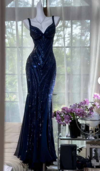 Glamour Dark Purple Guest Dresses V-Neck Mermaid Beaded Chiffon Long Stunning Prom Dresses, Formal Evening Dresses