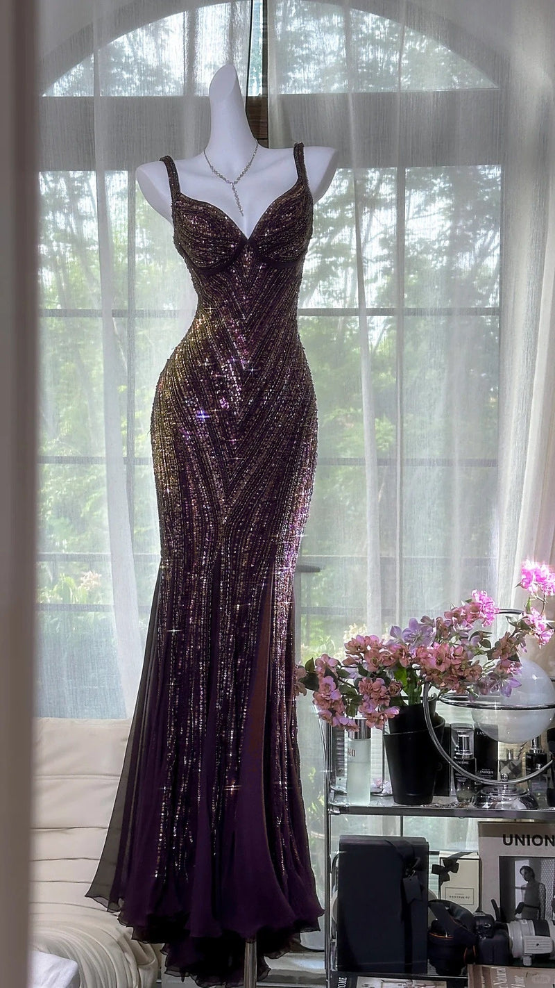 Glamour Dark Purple Guest Dresses V-Neck Mermaid Beaded Chiffon Long Stunning Prom Dresses, Formal Evening Dresses