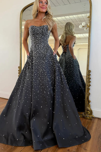 Glitter A Line Strapless Black Hot Fix Satin Prom Dress with Pockets