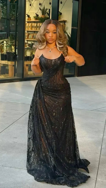 Glitter Black Mermaid Prom Dresses Black Girls Lace Evening Party Dress,AST2218