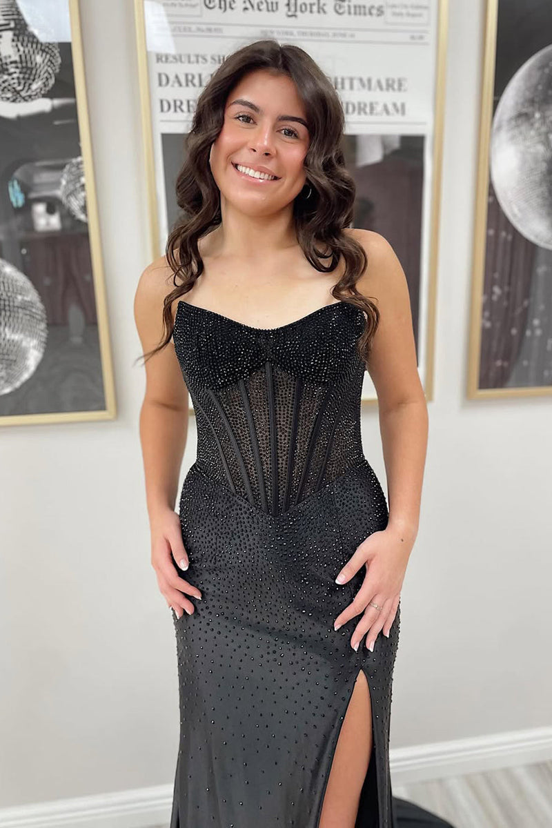 Glitter Mermaid Scoop Neck Hot Fix Satin Prom Dress with Slit