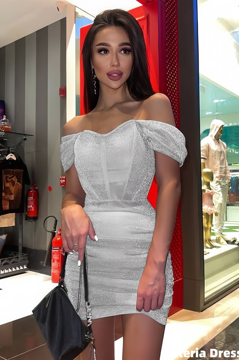 Glitter Off The Shoulder Grey Homecoming Dresses Mini Pleated Party Dress