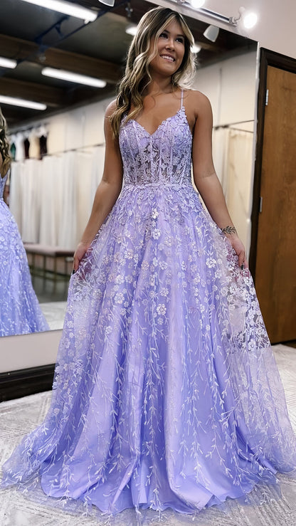 Glitter Sequin Lace Prom Dress, A-Line Evening Party Gown, AST1589