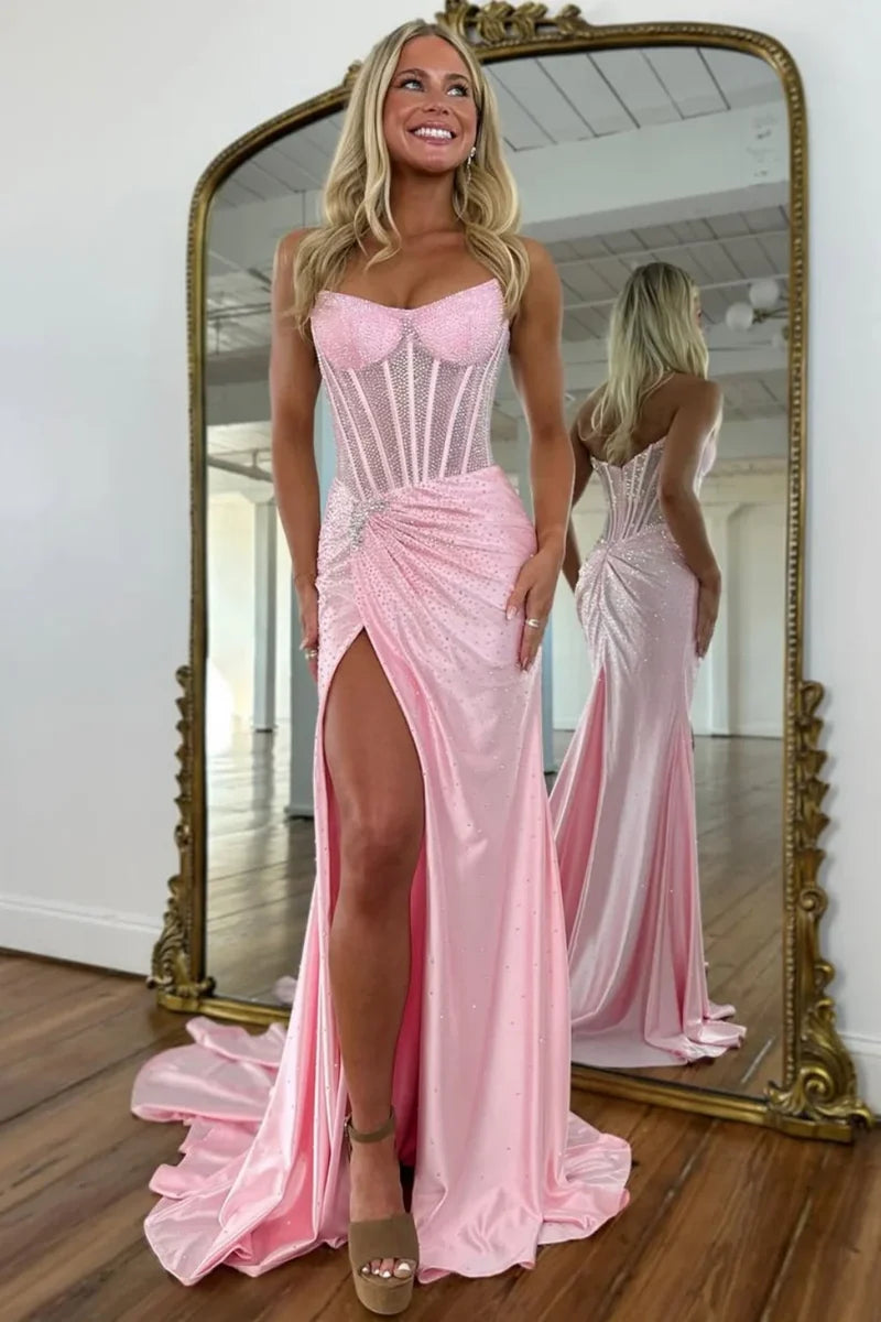Glitter Strapless Beaded Mermaid Prom Dresses,AST2316