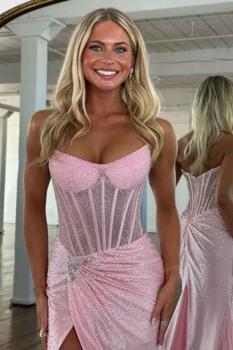 Glitter Strapless Beaded Mermaid Prom Dresses,AST2316