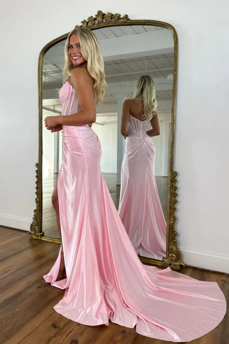 Glitter Strapless Beaded Mermaid Prom Dresses,AST2316