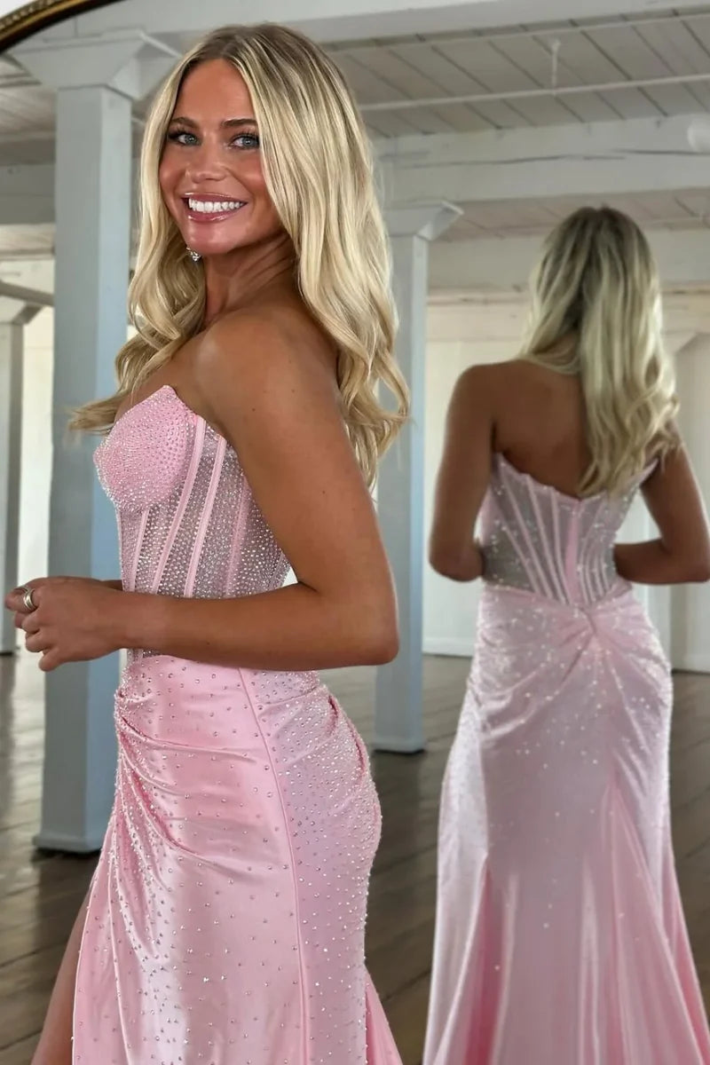 Glitter Strapless Beaded Mermaid Prom Dresses,AST2316