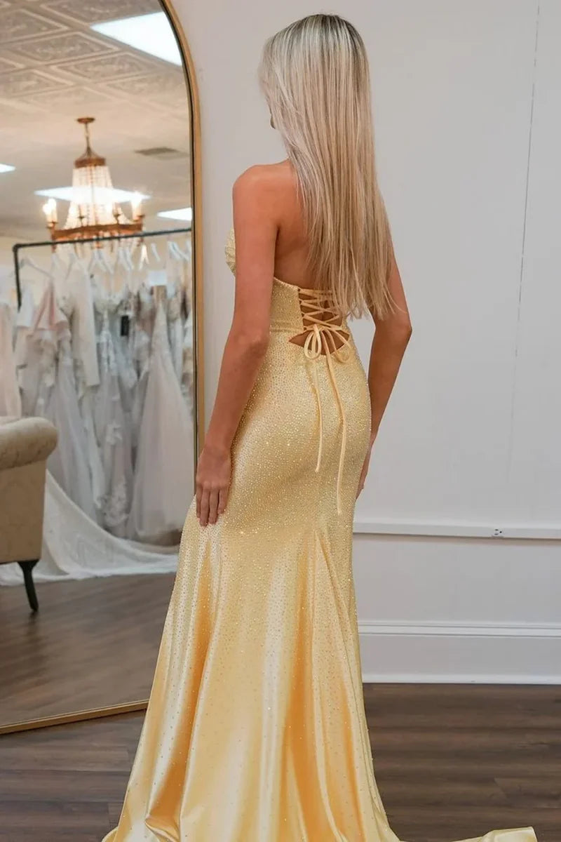 Glitter Yellow Mermaid Sweetheart Long Beaded Prom Dress with Leg Slit