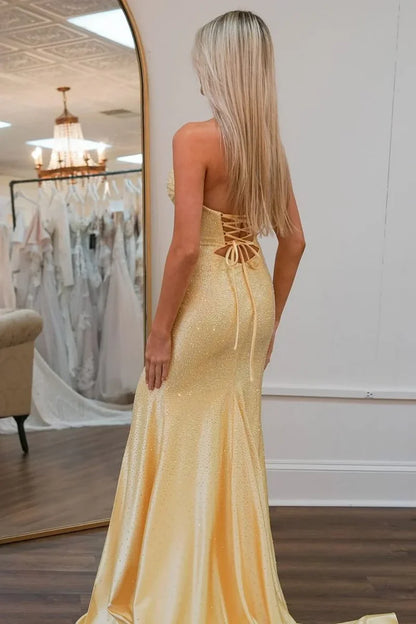 Glitter Yellow Mermaid Sweetheart Long Beaded Prom Dress with Leg Slit