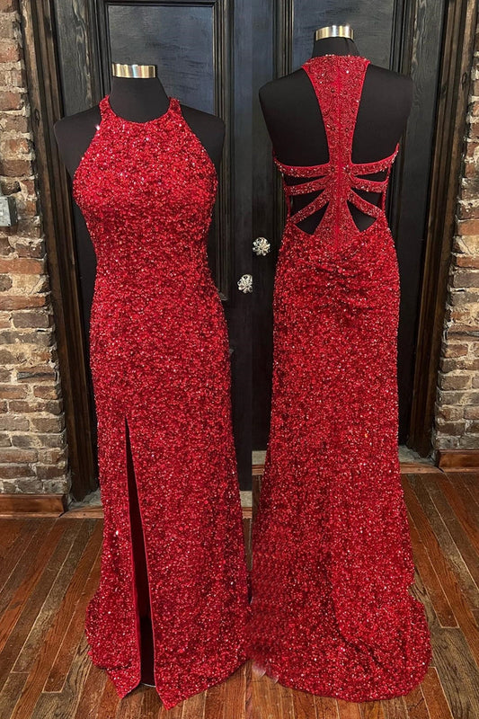 Glitters Red Sequin Mermaid Jewel Long Formal Dress