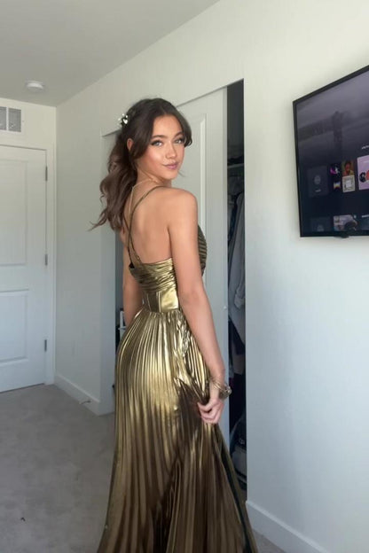Gold Metallic Pleated A-line Long Prom Dress