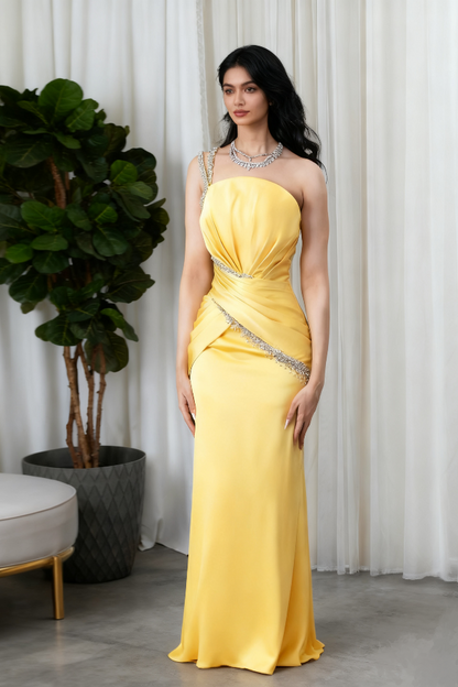 Gold One Shouldertti Strap Prom Dress with Beading