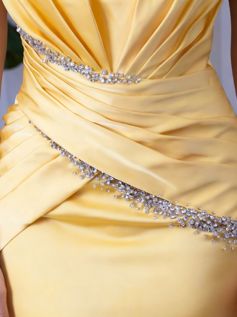 Gold One Shouldertti Strap Prom Dress with Beading