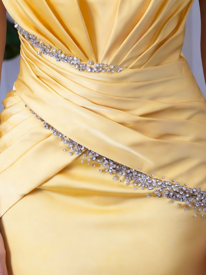 Gold One Shouldertti Strap Prom Dress with Beading