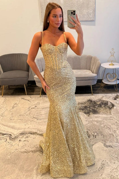 Gold Sparkly Mermaid Prom Dress with Spaghetti Straps and Corset Bodice