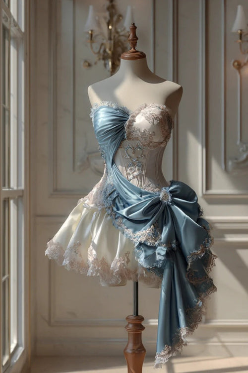 Gorgeous A-Line Blue Short Prom Dresses Satin Lace Sweetheart Birthday Dresses Sleeveless Evening Dresses