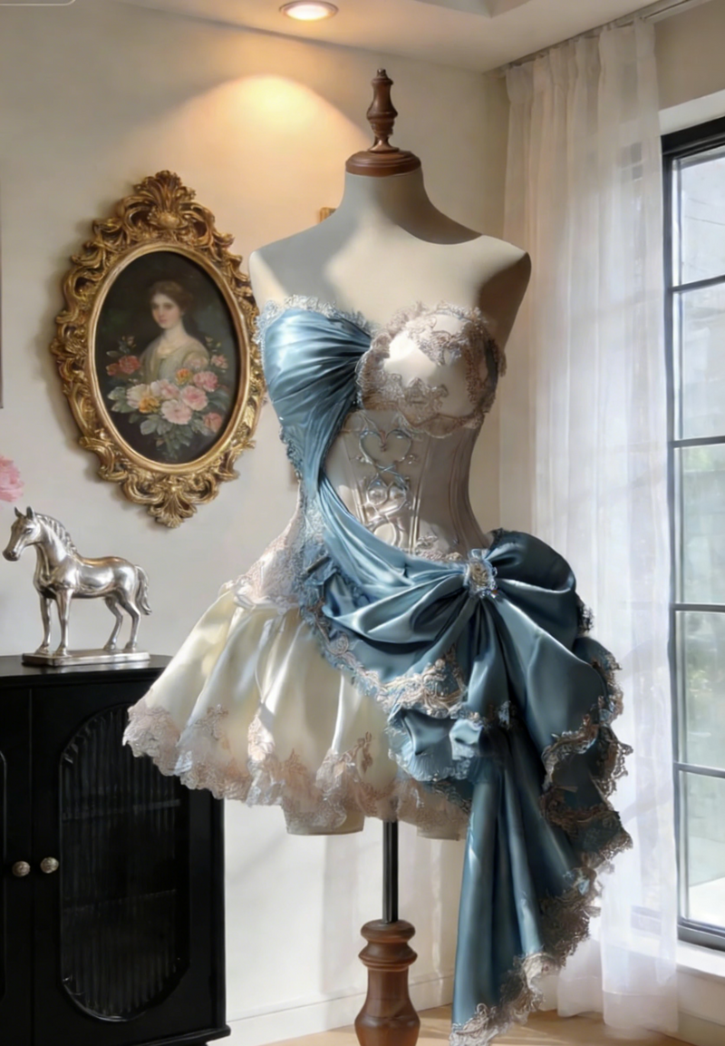 Gorgeous A-Line Blue Short Prom Dresses Satin Lace Sweetheart Birthday Dresses Sleeveless Evening Dresses