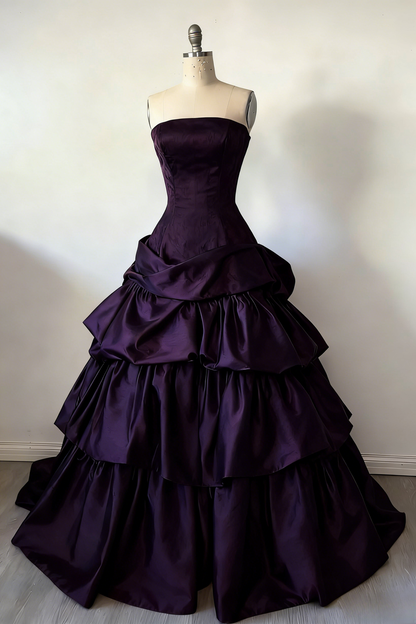 Gorgeous A-Line Burgundy Prom Dress Satin Strapless Long Evening Dress Sleeveless Birthday Dress