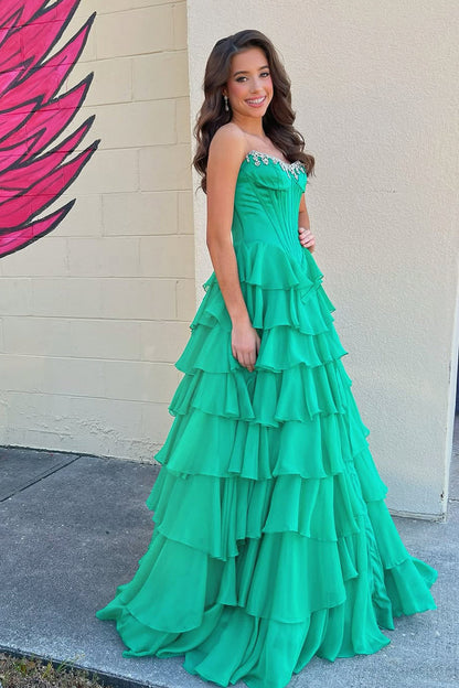 Gorgeous A Line Green Chiffon Tiered Prom Dress with Beading