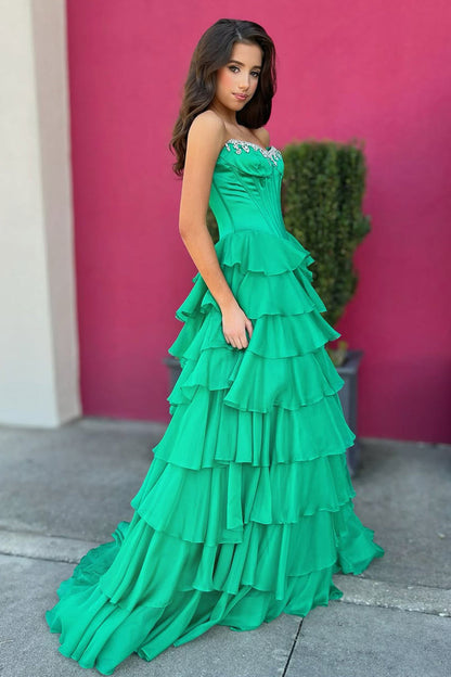 Gorgeous A Line Green Chiffon Tiered Prom Dress with Beading
