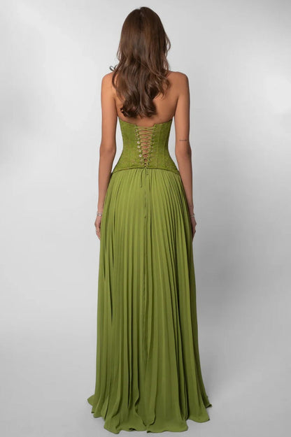 Gorgeous A Line Halter Neck Green Lace Corset Prom Dress with Ruffles