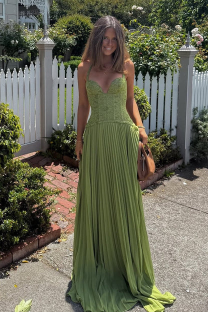 Gorgeous A Line Halter Neck Green Lace Corset Prom Dress with Ruffles