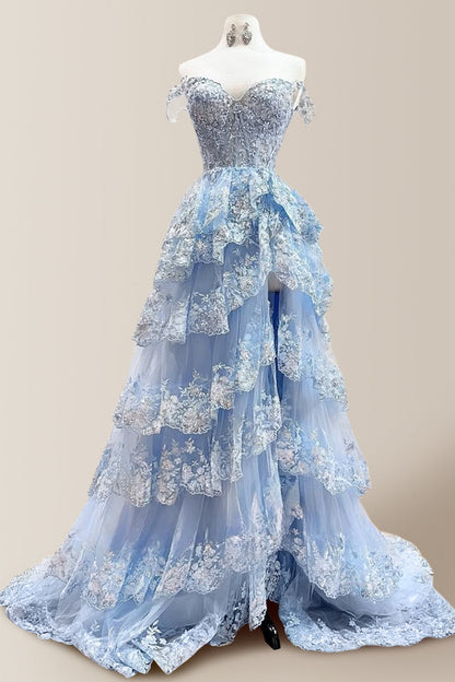 Gorgeous A-Line Off The Shoulder Long Tiered Prom Dress with Sequined Appliques