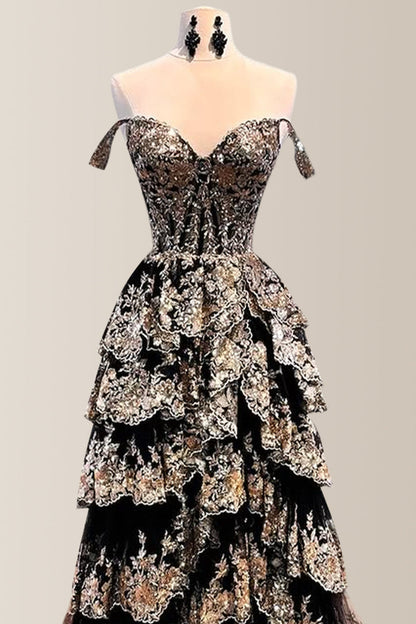 Gorgeous A-Line Off The Shoulder Long Tiered Prom Dress with Sequined Appliques