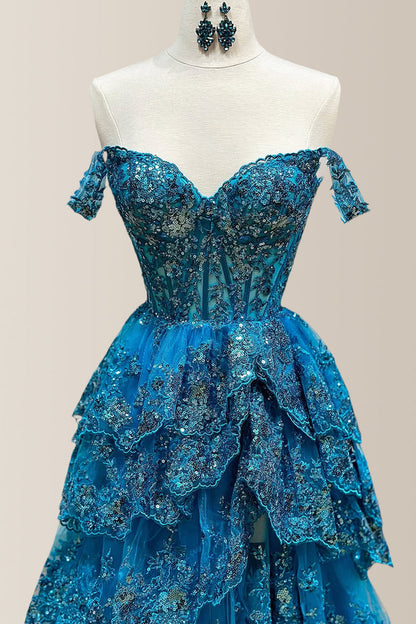 Gorgeous A-Line Off The Shoulder Long Tiered Prom Dress with Sequined Appliques