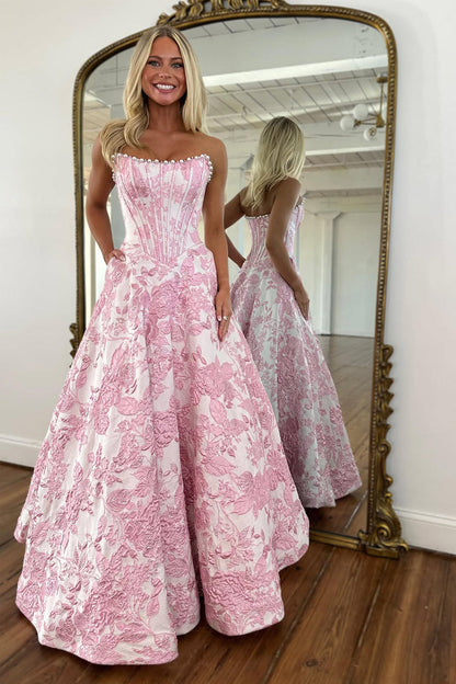 Gorgeous A Line Scoop Neck Jacquard Satin Prom Dress with Pearls