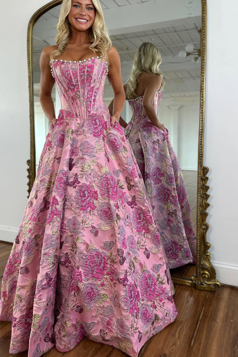 Gorgeous A Line Scoop Neck Jacquard Satin Prom Dress with Pearls