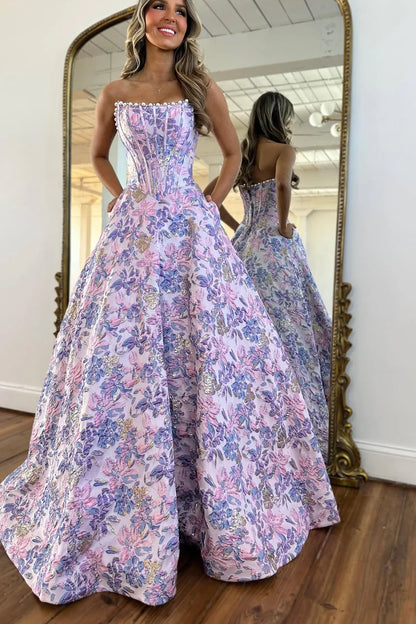Gorgeous A Line Scoop Neck Jacquard Satin Prom Dress with Pearls