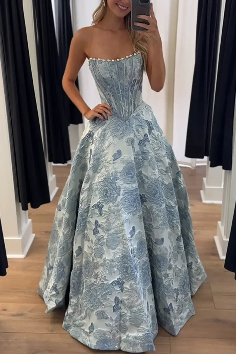 Gorgeous A Line Scoop Neck Jacquard Satin Prom Dress with Pearls