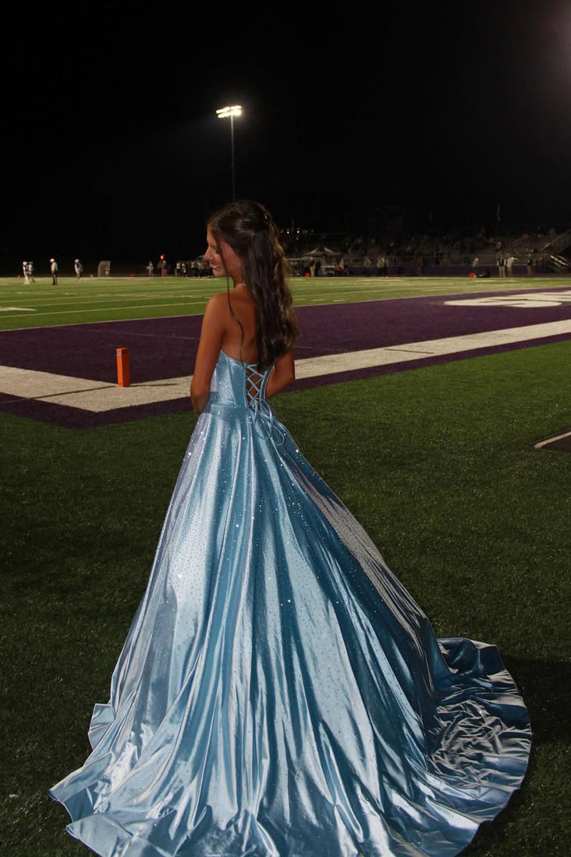 Gorgeous A Line Scoop Neck Light Blue Satin Long Prom Dress with Rhinestones