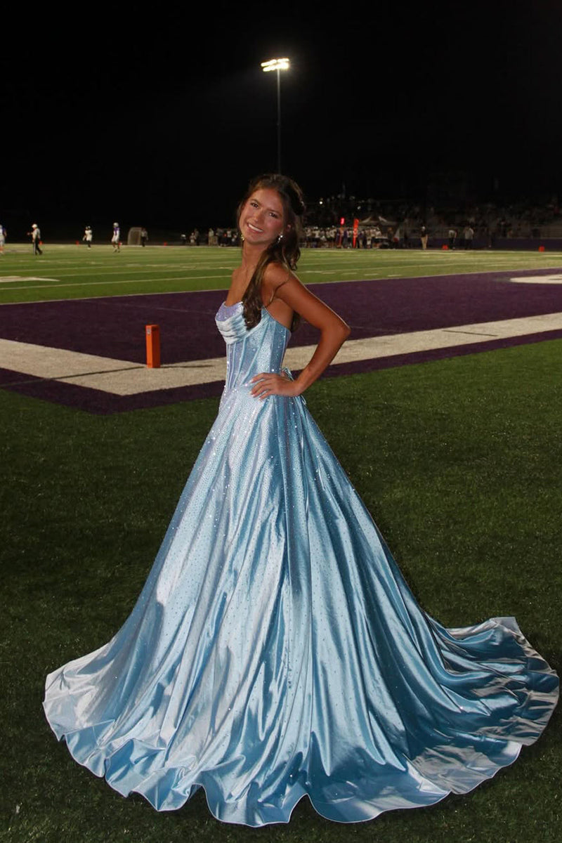 Gorgeous A Line Scoop Neck Light Blue Satin Long Prom Dress with Rhinestones
