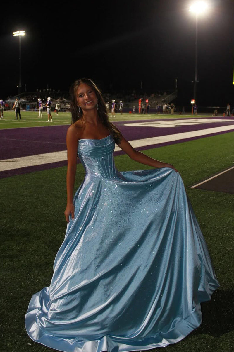 Gorgeous A Line Scoop Neck Light Blue Satin Long Prom Dress with Rhinestones
