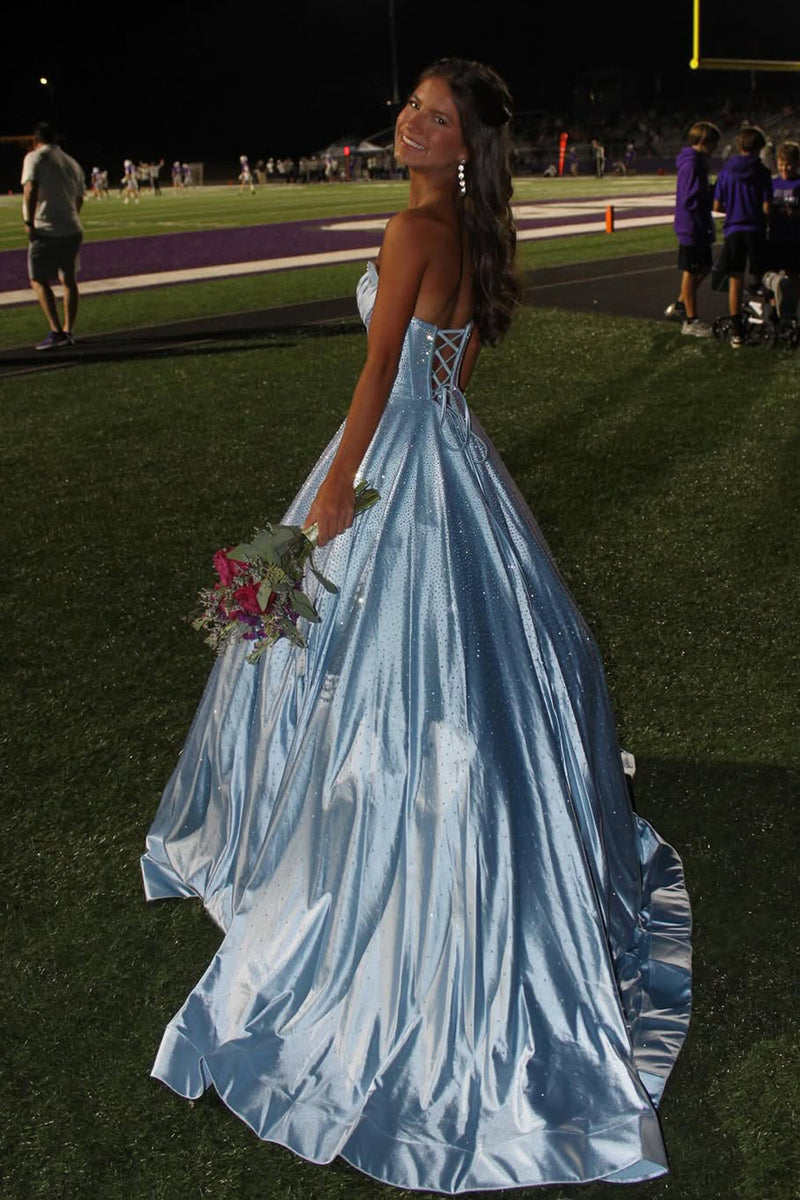 Gorgeous A Line Scoop Neck Light Blue Satin Long Prom Dress with Rhinestones