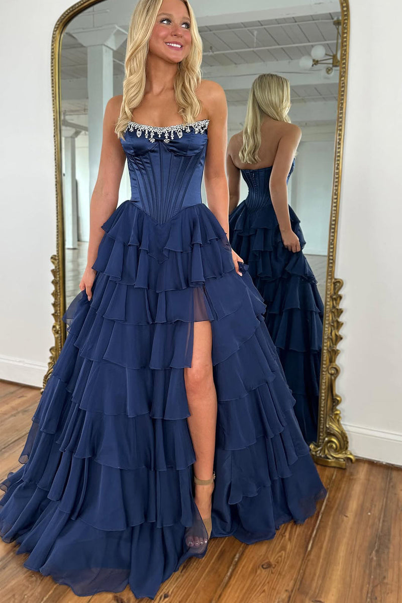 Gorgeous A Line Scoop Neck Navy Chiffon Tiered Prom Dress with Slit