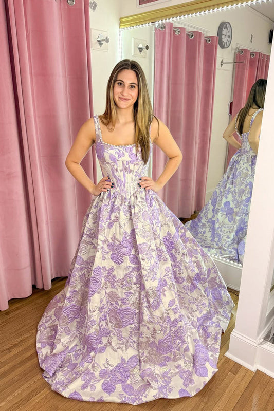 Gorgeous A Line Square Neck Lavender Jacquard Satin Long Prom Dress with Beading