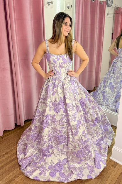 Gorgeous A Line Square Neck Lavender Jacquard Satin Long Prom Dress with Beading