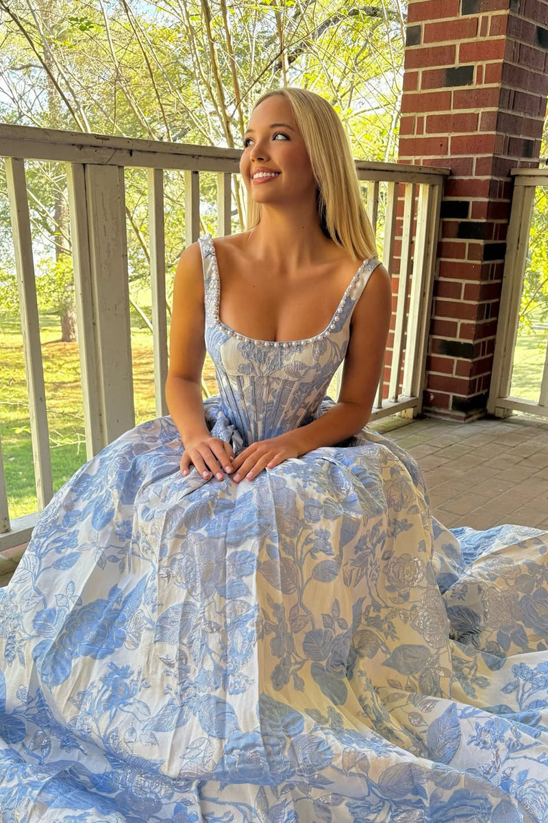 Gorgeous A Line Square Neck Lavender Jacquard Satin Long Prom Dress with Beading