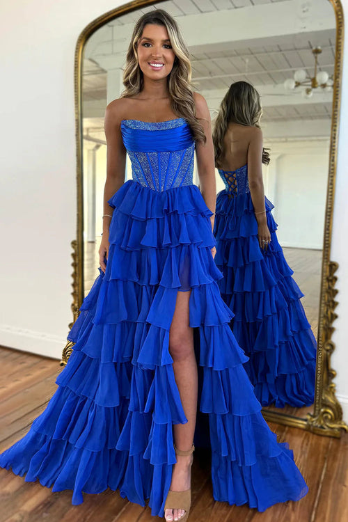 Gorgeous A Line Strapless Daffodil Tiered Chiffon Prom Evening Dresses with Hot Stone