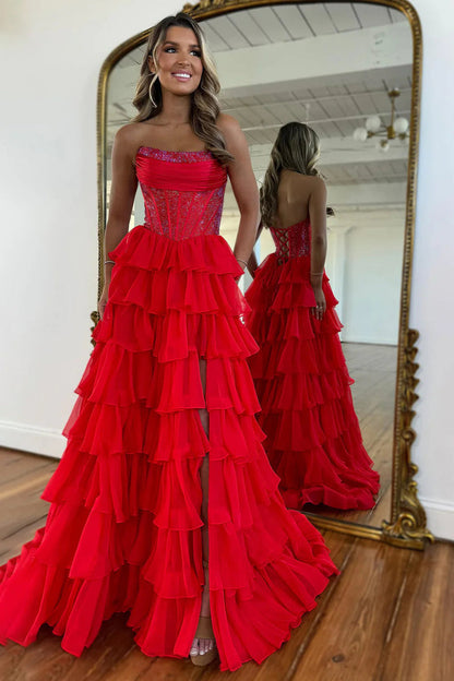 Gorgeous A Line Strapless Daffodil Tiered Chiffon Prom Evening Dresses with Hot Stone