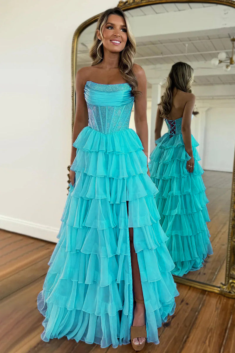 Gorgeous A Line Strapless Daffodil Tiered Chiffon Prom Evening Dresses with Hot Stone